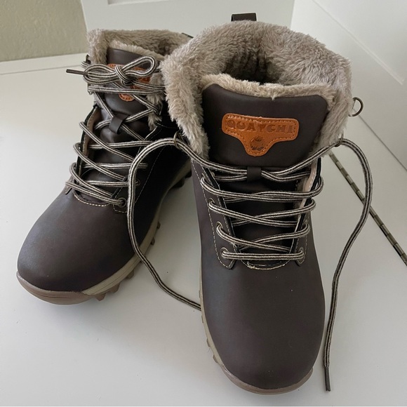 Quatchi Shoes - Quatchi Faux Fur Trim Lined Lace Up Winter Boots Brown Size 41